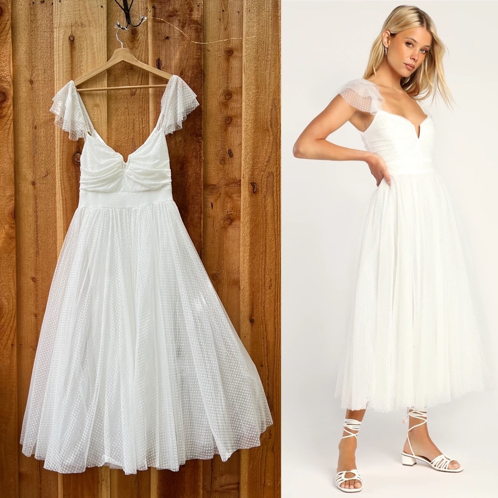 Lulu's White Swiss Dot Midi Dress
